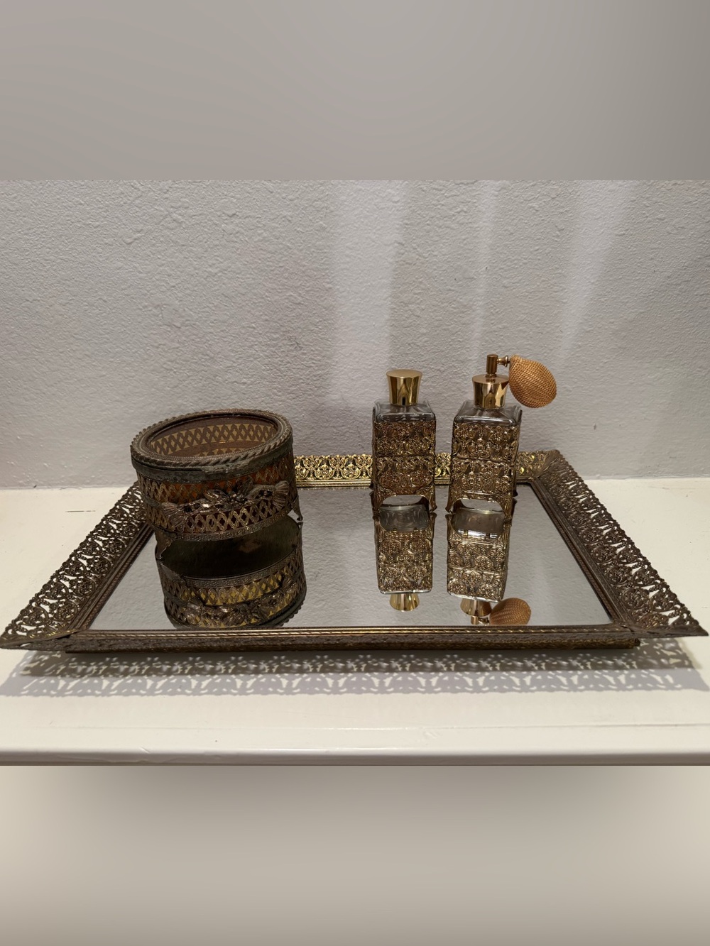 Vintage Ormolu Gold Filigree Vanity Mirror Tray, Jewelry box, & Perfume Bottles